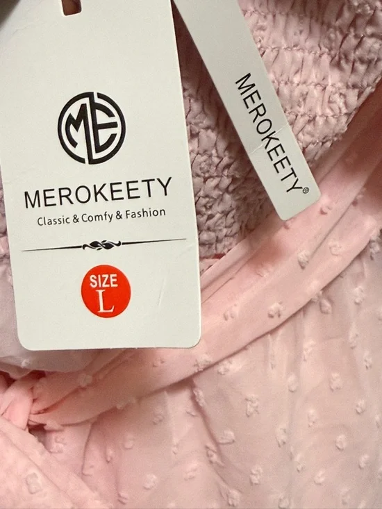 Merokeety Puff Sleeve Elastic Smocked Midi Dress. Size L - Picture 9 of 13